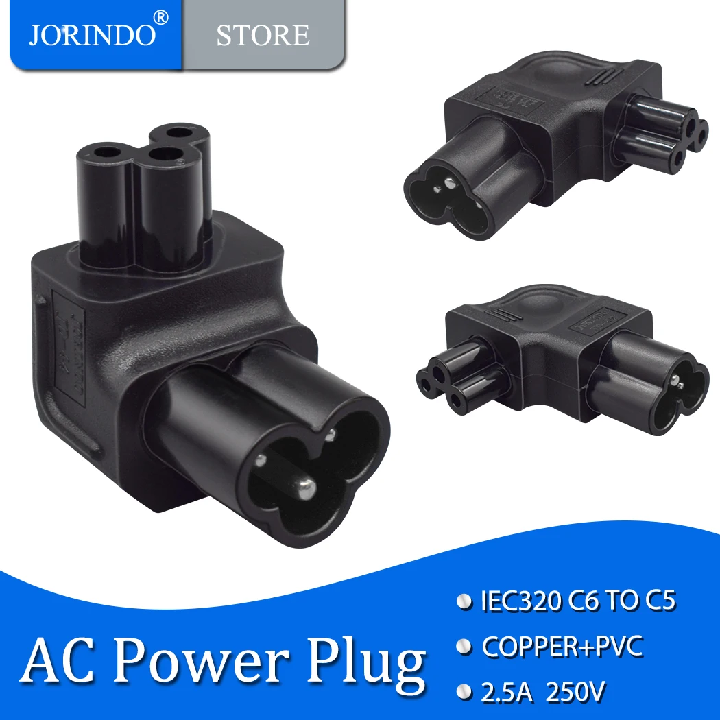 JORINDO IEC320 C5 TO C6 Extension Power Adapter C6 TO C5 Clover Shape 3 Pin Male To Female Right Angle Side Bend Power Connector