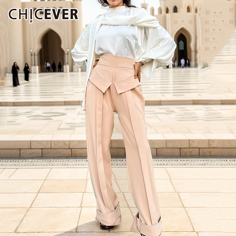 

CHUICEVER Casual Flap Folded Design Trousets For Women High Waist Spliced Pockets Folds Loose Wide Leg Pant Female Clothing New