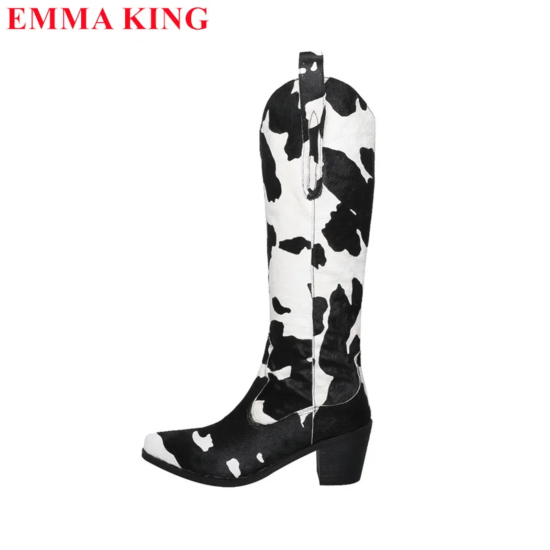 2024 Zebra Pattern Knee High Boots Women Horse Hair Knight Boots Thick Heel Shoes Winter Autumn Pointed Toe Long Womens Boots