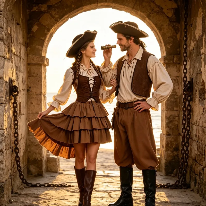 Halloween Retro Pirate Couple Costume Adult Male Female Captain Split Set Party Makeup Ball Role Playing Performance Costume