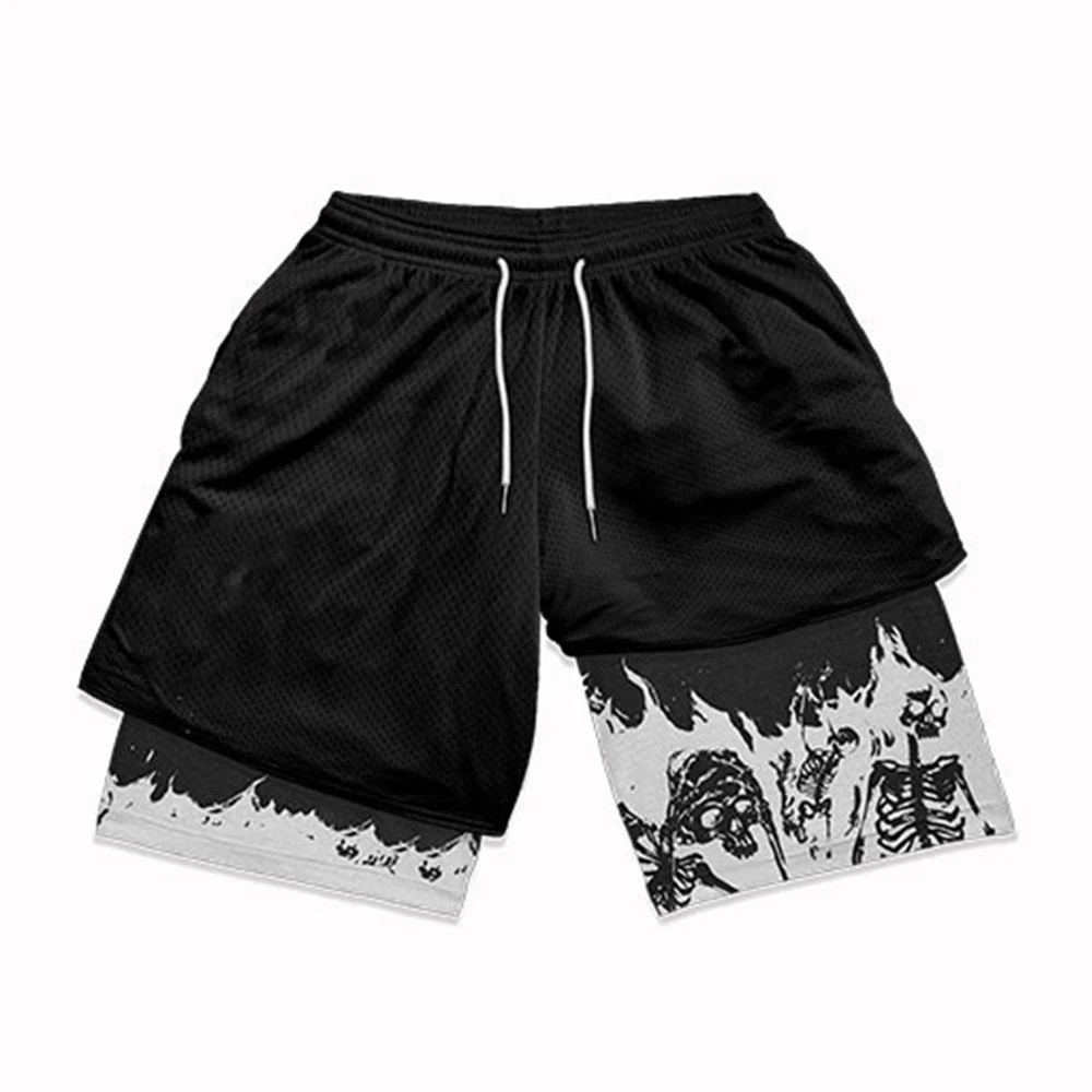 Men\'s Anime Shorts Berserk Manga Print 2 in 1 Gym Shorts Compression Stretchy Sports Shorts Quick Dry Fitness Workout Summer