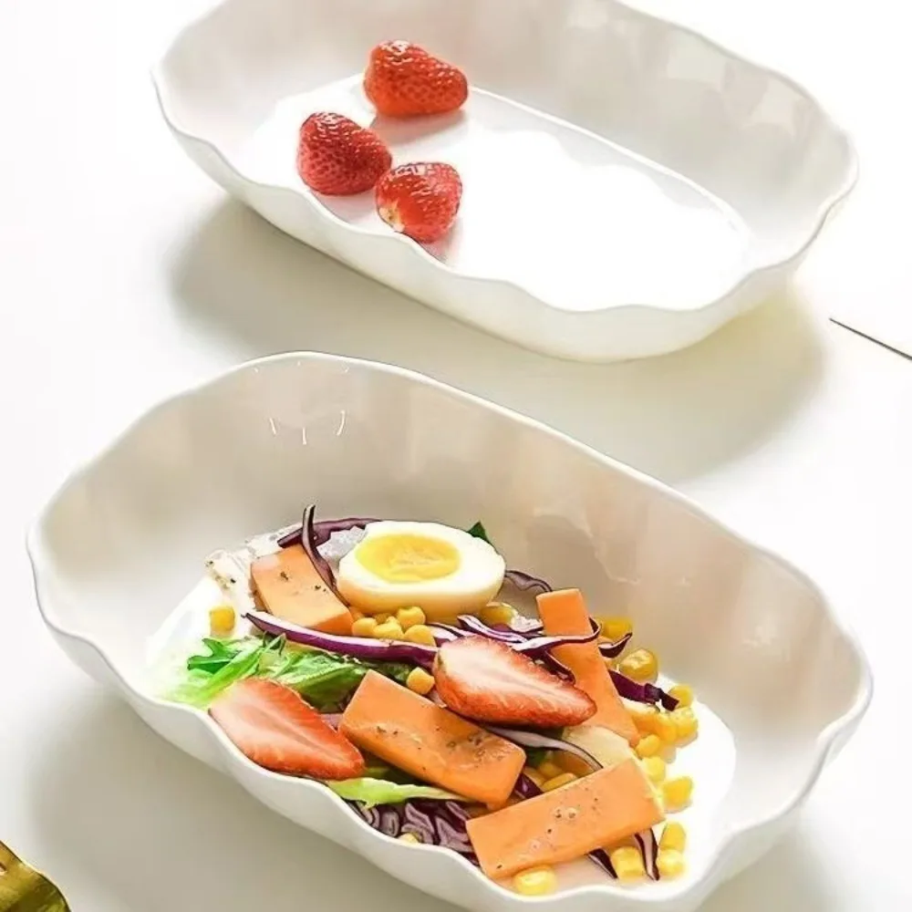 Ceramic Ruffled Edge Serving Plate Heat-resistant Large Capacity Salad Dish Rectangular Deepened Steamed Fish Plate Restaurant