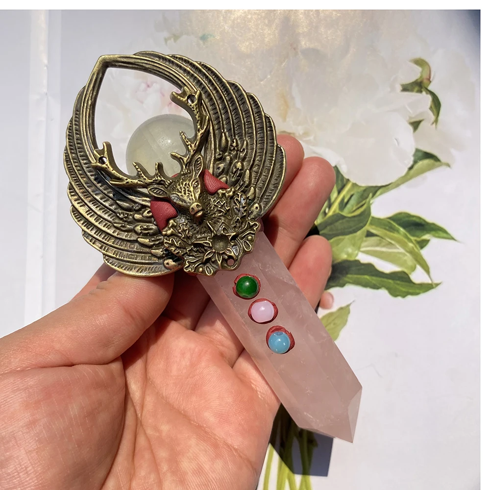 

Random Metal Wings With Natural Rose Quartz Crystal Point Magic Wand Healing Ornament For Home Decoration