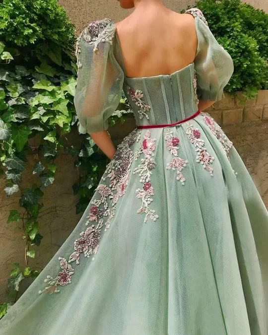 Vinca Suuny Muslim Mint Green Sweetheart Prom Dresses Belt High Slit Lace A-Line Islamic Dubai Saudi Arabic Long Evening Dresses