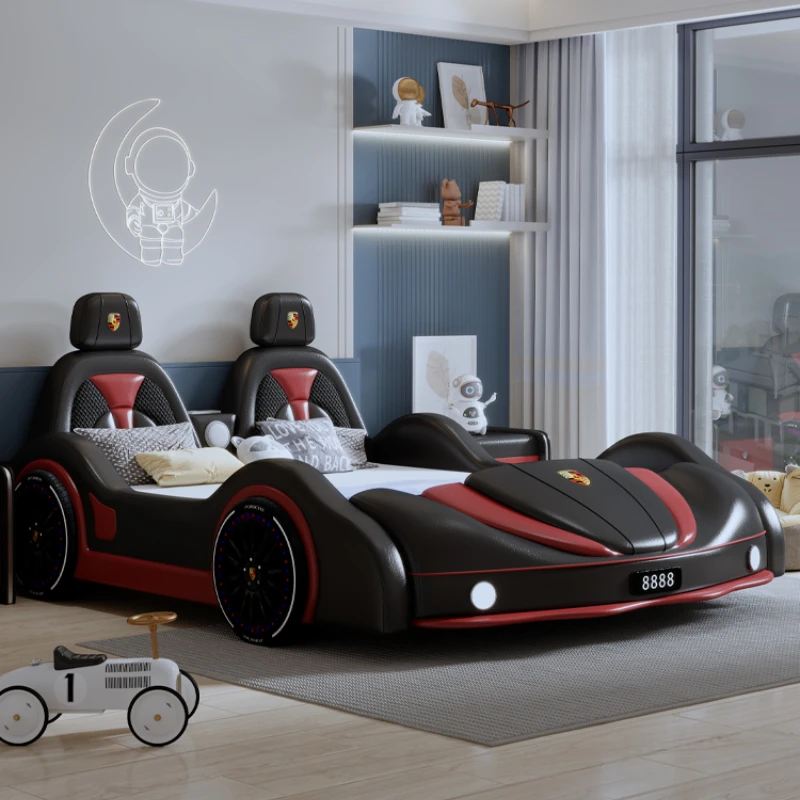 Children's bed boy Porsche sports car car multi-function storage solid wood leather bed