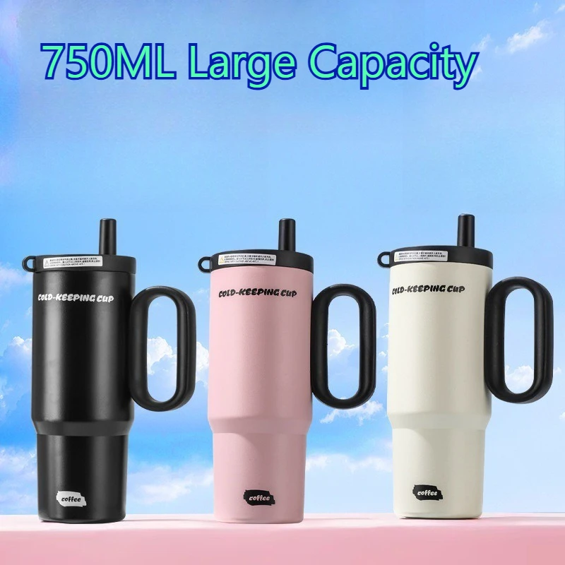 

750ml Stainless Steel Insulated Cup Tumbler with Handle and Straw Keep Cold and Hot Thermal Mug Portable Car Travel Mug