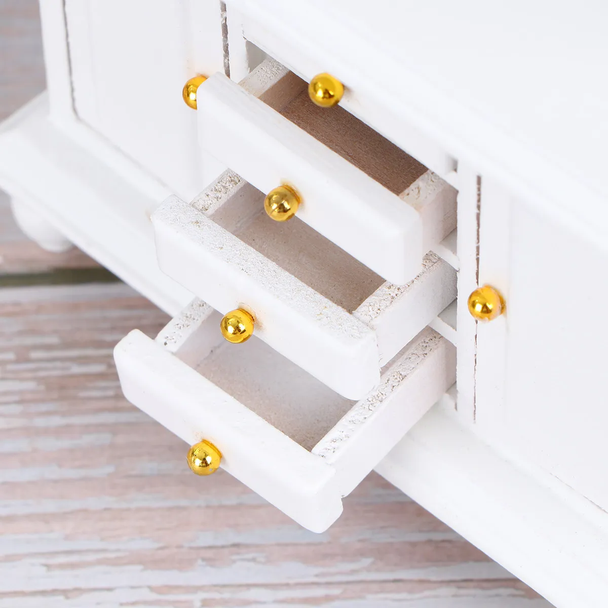 

Mini House Furniture Wooden Bookcase White Traditional Design 3 Shelf 4 Drawer 2 Door Cabinet Brass Handles Miniature 1 12 Scale