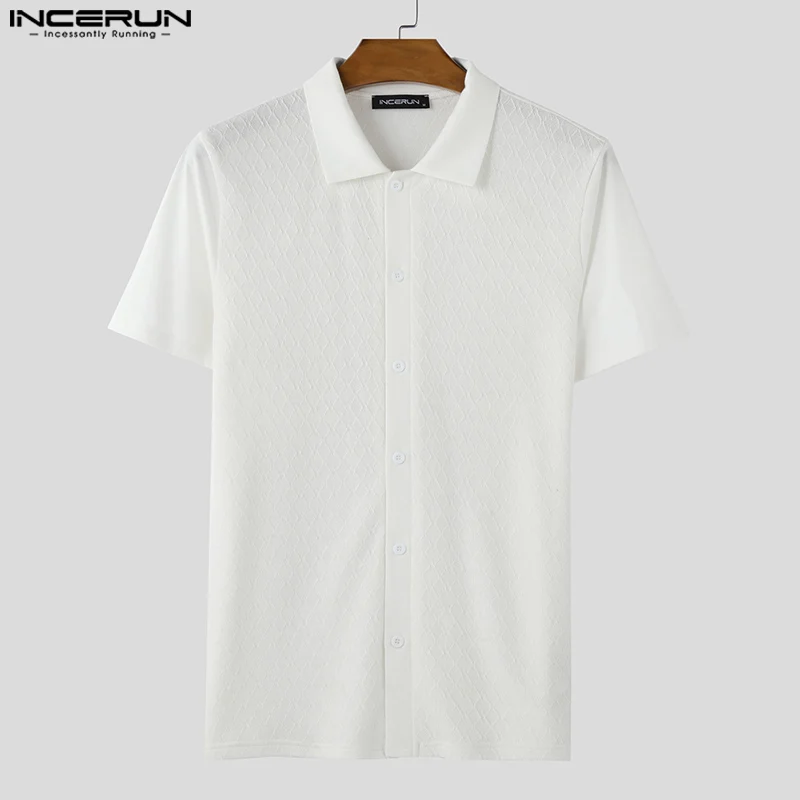 

INCERUN мужская рубашка модная однотонная трикотажная модная мужская рубашка летняя повседневная уличная одежда с короткими рукавами и лацканами мужская одежда