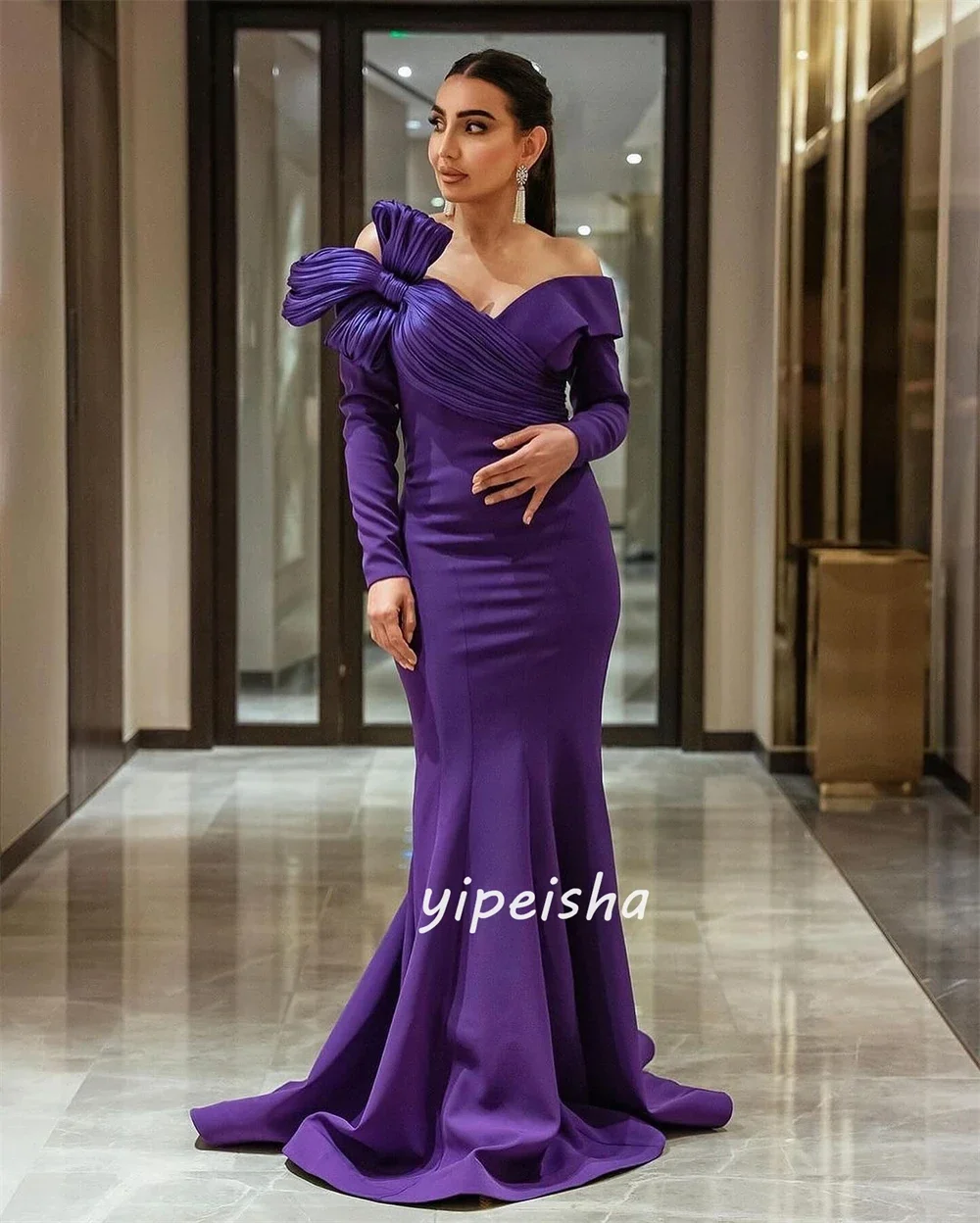 Maßgeschneidertes lila Abendkleid für die Braut, plissierte Schleife, schulterfrei, lange Ärmel, elegantes Cocktailkleid, formelle Ballkleider für