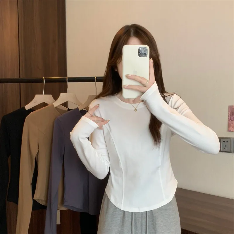 Women Slim-fit Long-sleeve Base Shirt Fall Winter Lady Hot Girl Slimming Short Top Woman Casual Inner Shirt Teen Sporty T-shirt