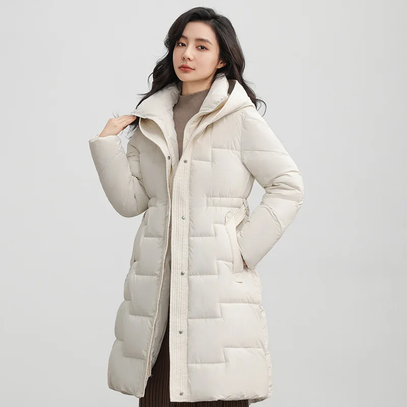 

Autumn and Winter Pure Color Korean Version Slim Fit and Thickened Hooded Waist Belt Down Cotton Jacket for Women
