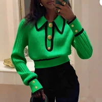 Chic Lapel Long Sleeve Sweater Women 2025 Stripes Elegant Short Knitted Pullover Female Casual Office Warm Soft Tops Clothes 5