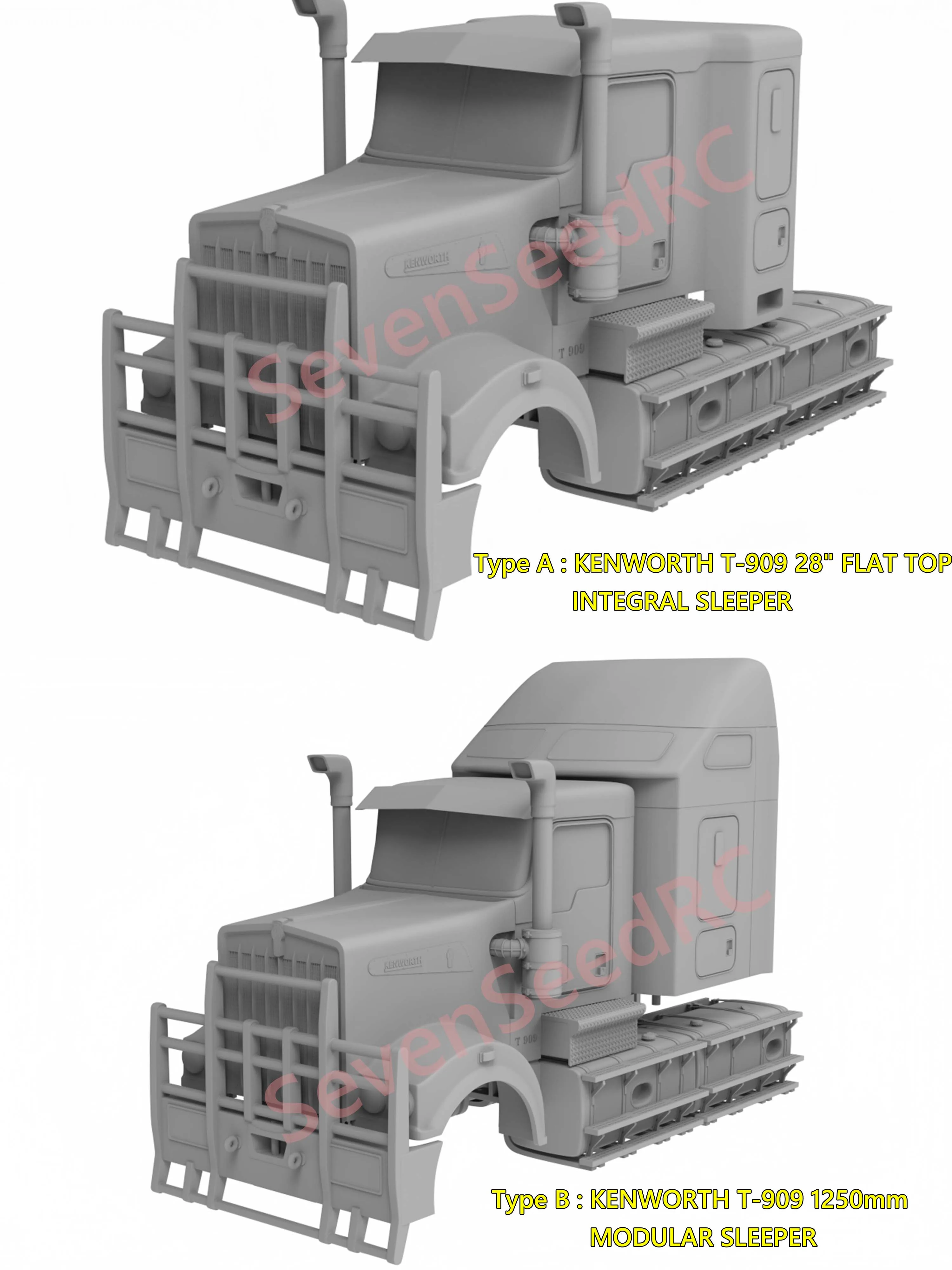 3D Printed Truck Cab Kit KENWORTH T-909 28' FLAT TOP INTEGRAL SLEEPER 1250mm SLEEPER Tamiya Lesu Lxy Scaleclub SCX10 TRX6