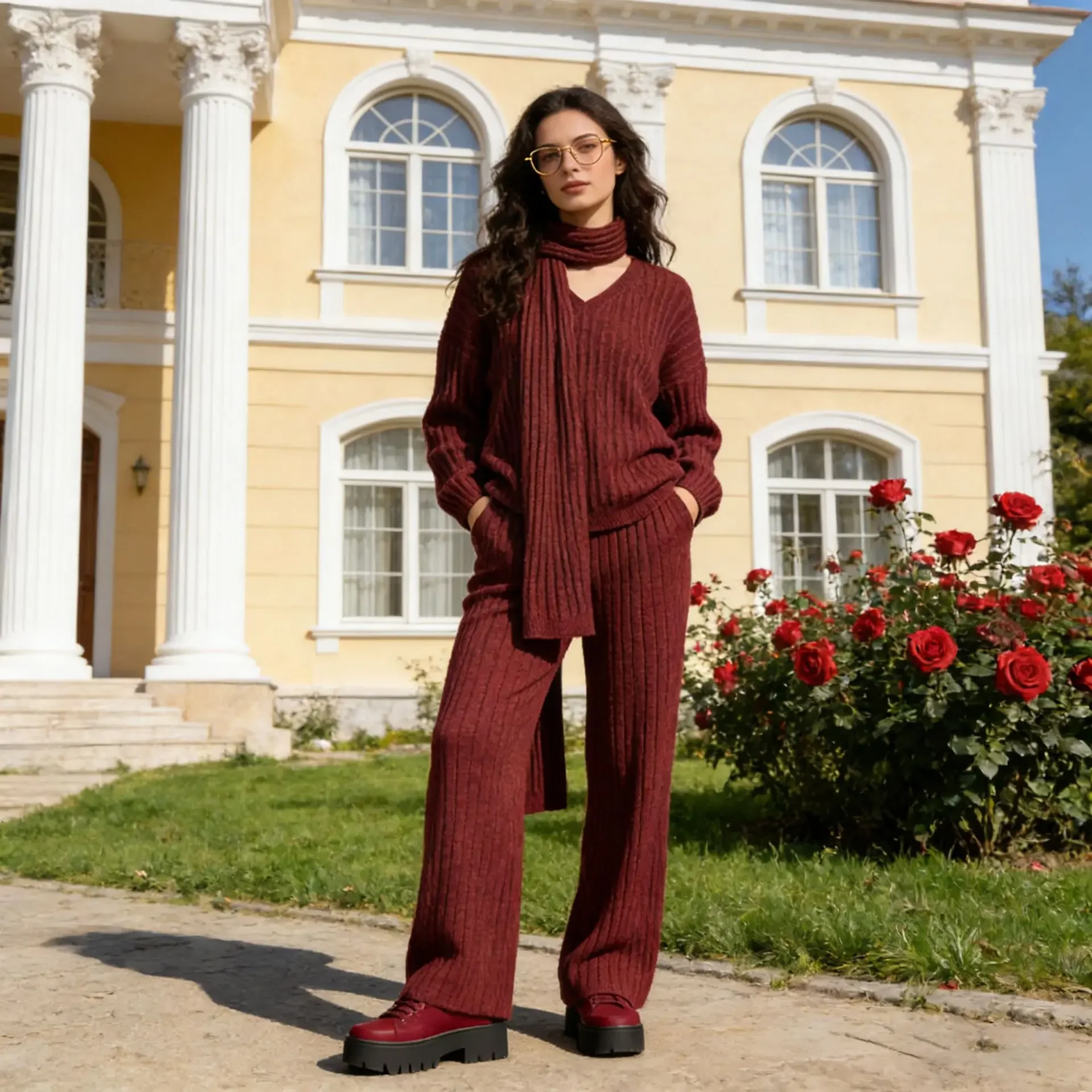 Elegant Comfortable Knitted Sweater+Flare Trousers Pants 2 Piece Sets With Scarf  V Neck High Waist Solid Fashion Commute Casual