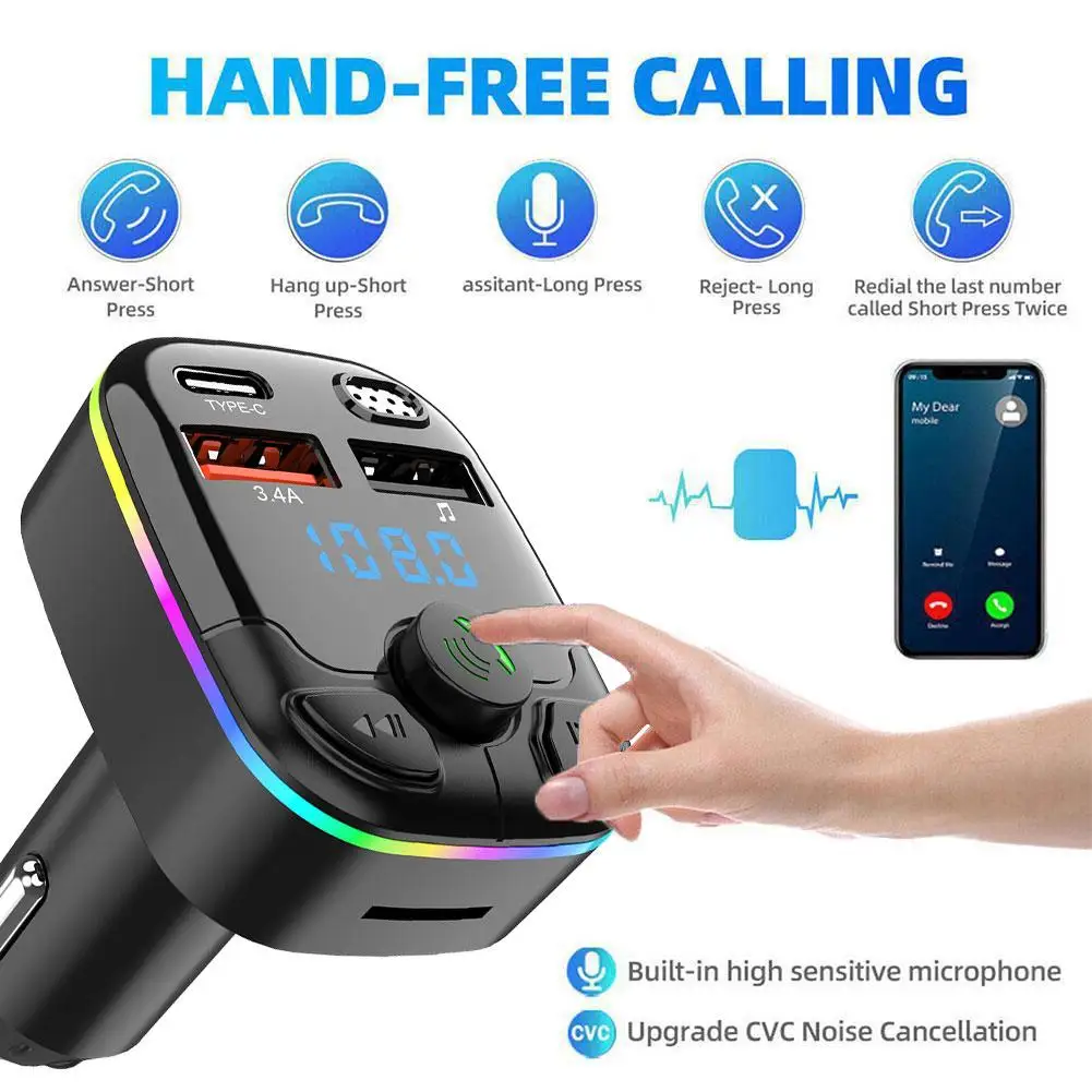 Car Bluetooth 5.0 FM Transmitter PD Type-C Dual USB 3.1A Colorful Ambient Light Handsfree MP3 Modulator Player