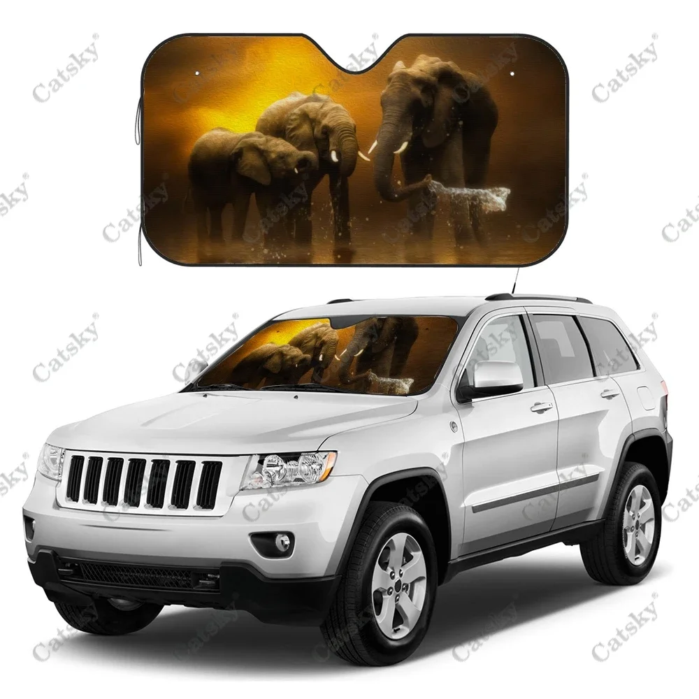 Indian Elephant Early Morning Car Sunshade Interior Accessories Folding Sunscreen Anti-UV Pattern Printing Gift Sunshade