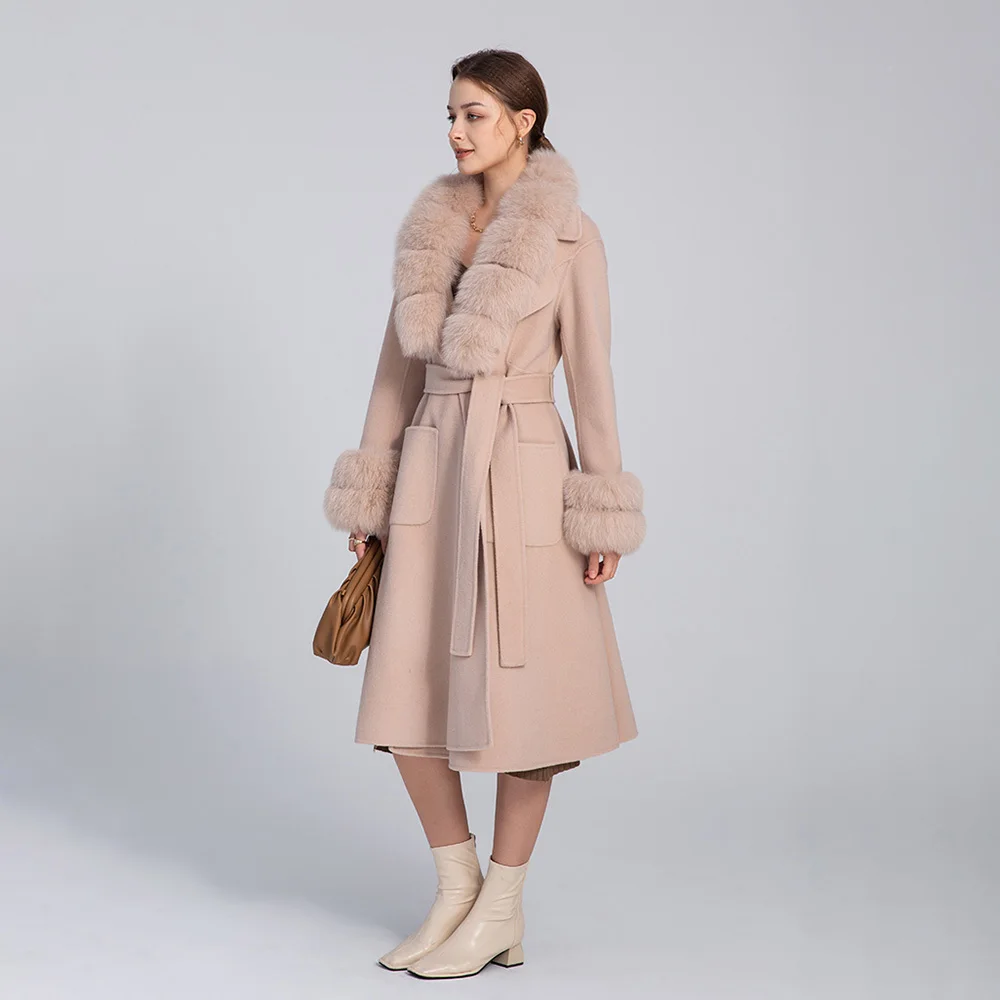 Manteau long en laine pour femme, vestes en fourrure de renard, poignées de luxe, moelleux et amovible, automne et hiver 2024