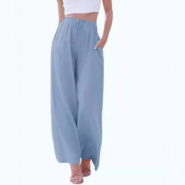 Linen Loose Casual Pocket Drawstring Wide Leg Pants for Women