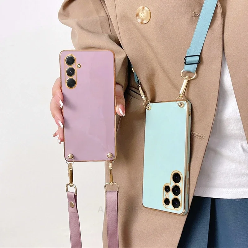 

S 24 23 22 21 20 Crossbody Lanyard Plating Case For Samsung Galaxy S24 S23 S22 S21 S20 FE Plus Ultra 5G Cord Silicone Back Cover