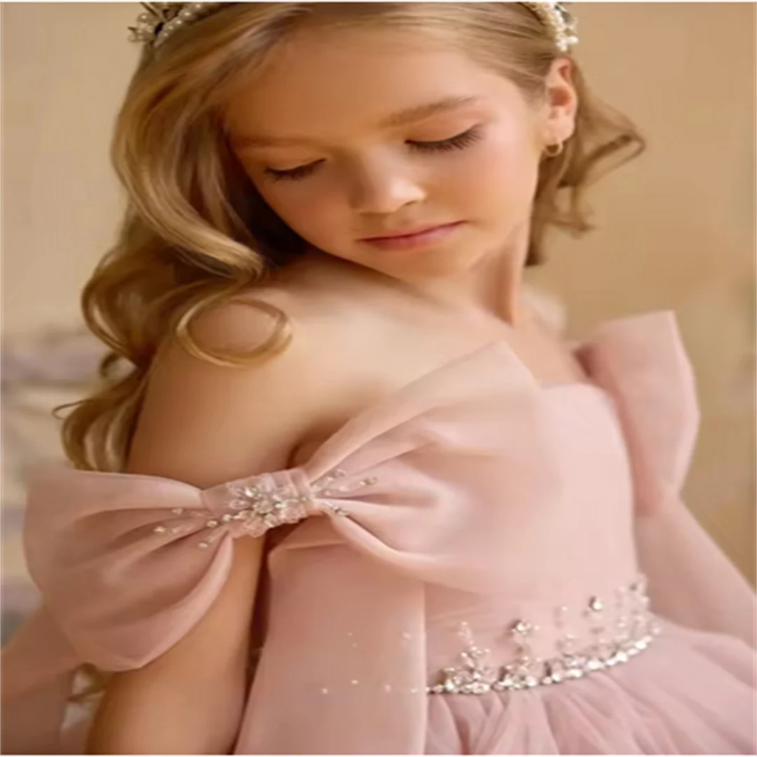 Vestido de niña de flores rosa personalizado, vestidos de princesa con volantes y cuentas hinchadas, vestidos de cumpleaños para niños, vestido de primera comunión personalizado