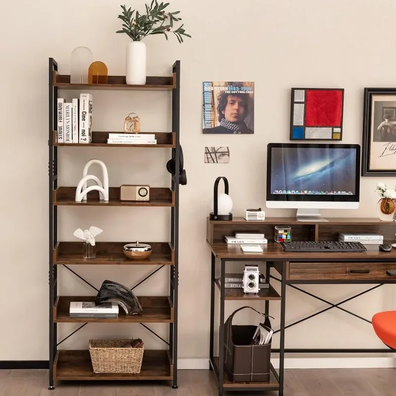 New arrivals 6-Tier Bookshelf, 70” Tall Industrial Bookcase w/Open Shelves & 4 Hooks, Storage Rack w/Metal Frame, Vintage Standi