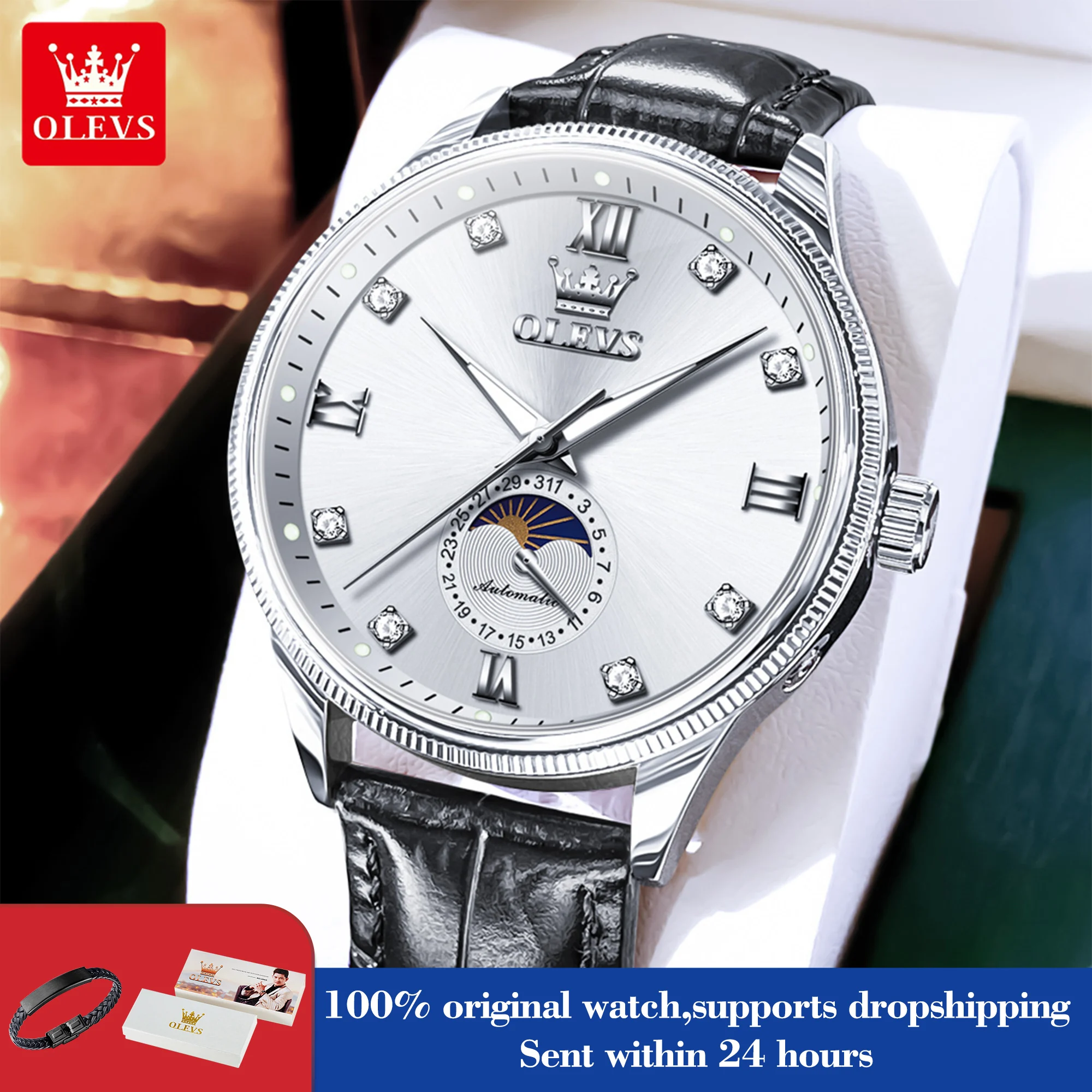 

OLEVS 7039, мужские часы, оригинальные механические часы с фазой Луны для мужчин, роскошные деловые кожаные ручные часы с календарем, глубокие водонепроницаемые часы