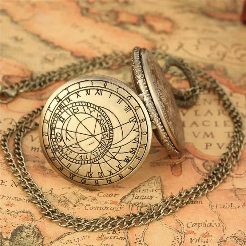 Vintage Hollow-out Compass Pocket Watch Bronze Geometry Astronomical Design Quartz Clock Necklace Chain with Pendant Gadget