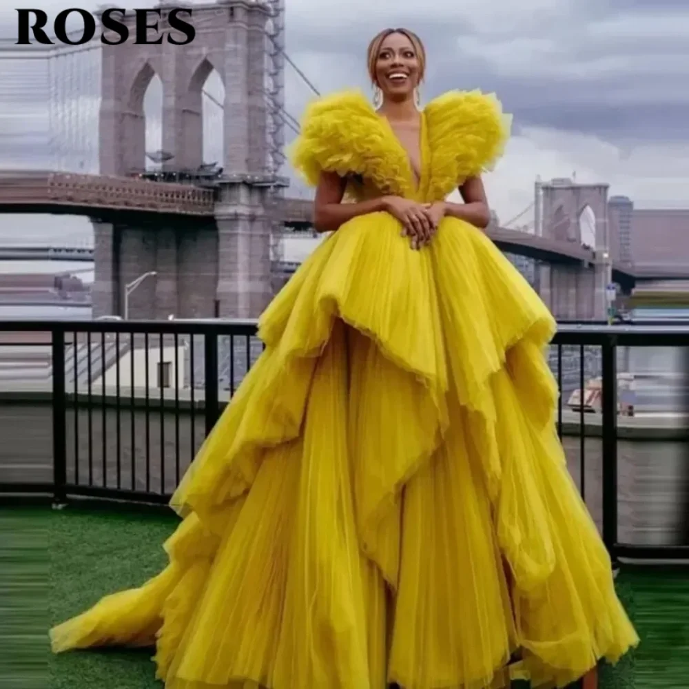 ROSES Yellow Fashion Prom Dress Deep V Neck High Low Special Occasion Party Dresses Backless Sexy Tiered Tulle Long Prom Gown