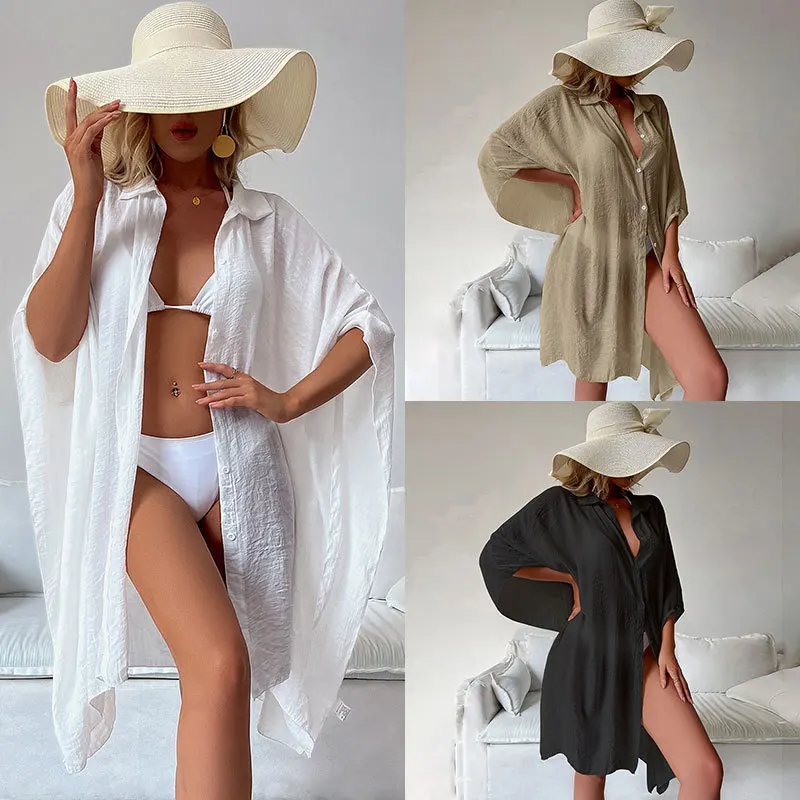 Summer Loose Cotton Shirt Sun Protection Cardigan Beach Thin Shirt Woman Bikini Cover-up Swimsuit Holiday Swimwear Outer Dress