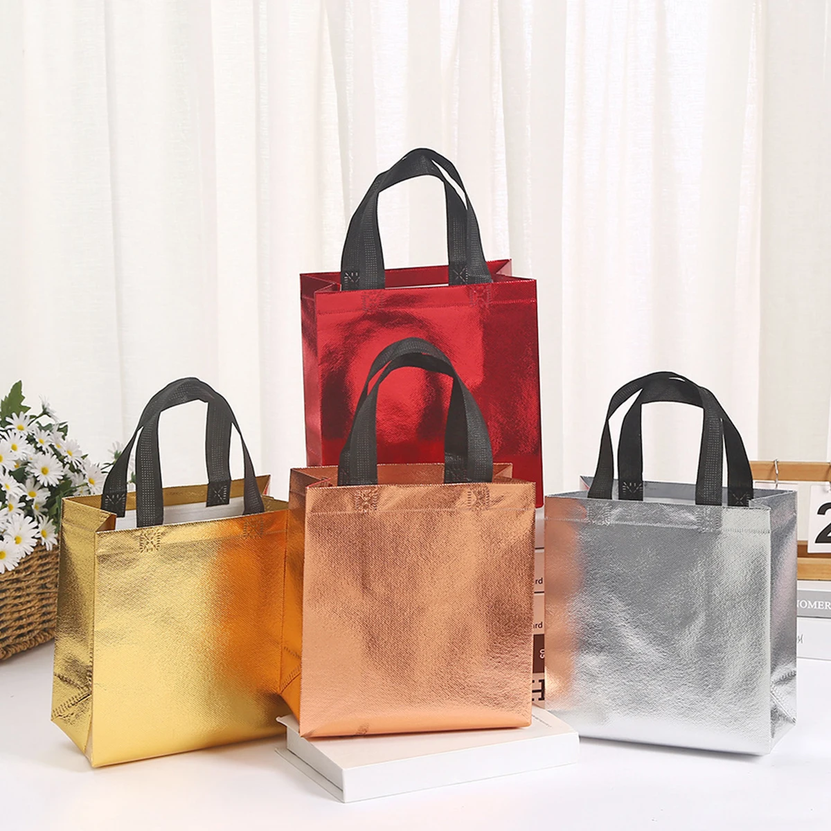 4pcs Reusable Non-woven Shopping Bags Large Capacity Travel Storage Bags Laser Glitter Handbag Grocery Tote Eco Bag