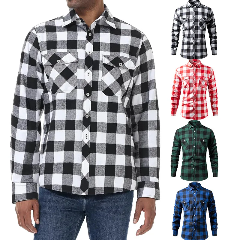 

2026 New Men's Long Sleeved Plaid Shirt, with Two Chest Pockets Single Breasted Lapel Cotton Shirts Big Size Male Top Chemise