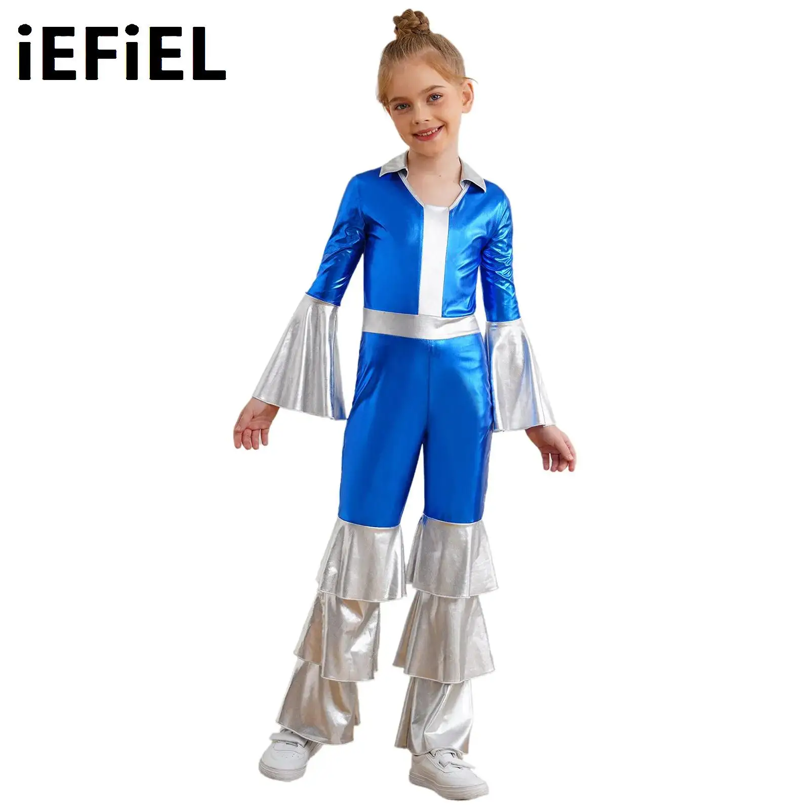 

Kids Girls Disco Dance Bodysuit Color Block Metallic Tiered Ruffles Flare Sleeve Bell-Bottom Halloween Costume