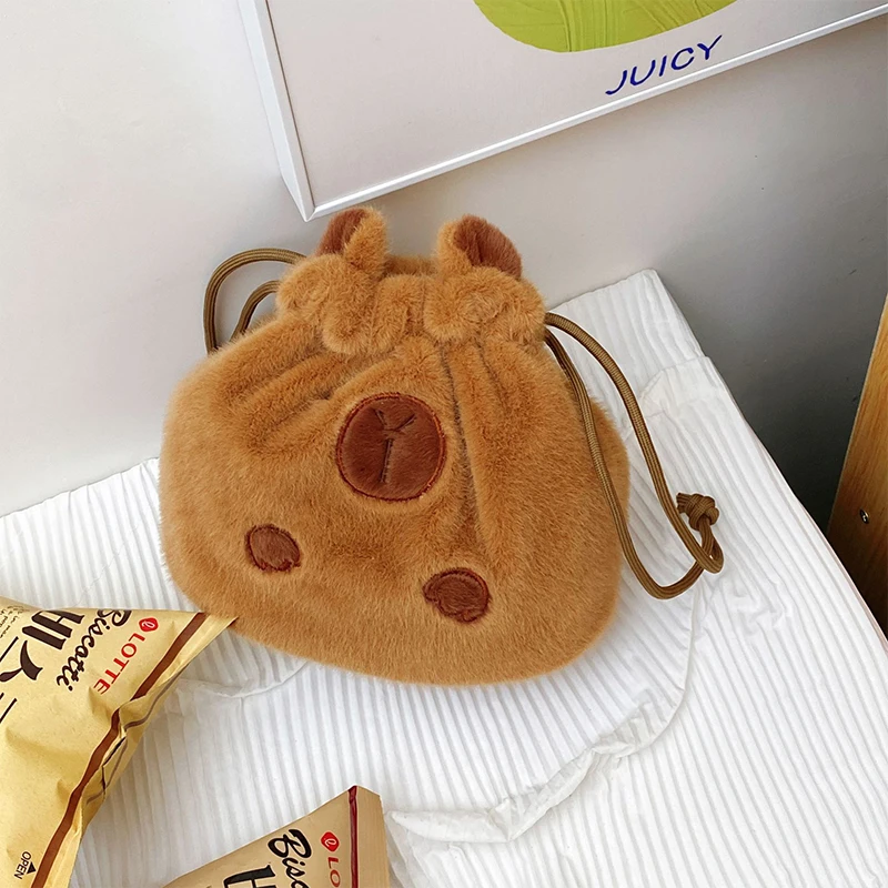 Cute Plush Capybara Storage Bag Large Capacity Cosmetic Bags Portable Drawstring Pocket Cartoon Coin Purse Gift