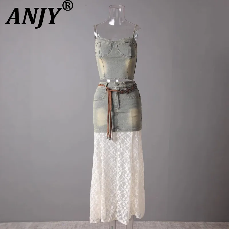 

ANJY Summer New Women Chic American Sexy Denim Camisole Vest Casual Sweet Spliced Lace Belted Skirts Stylish Two-piece Set A8046