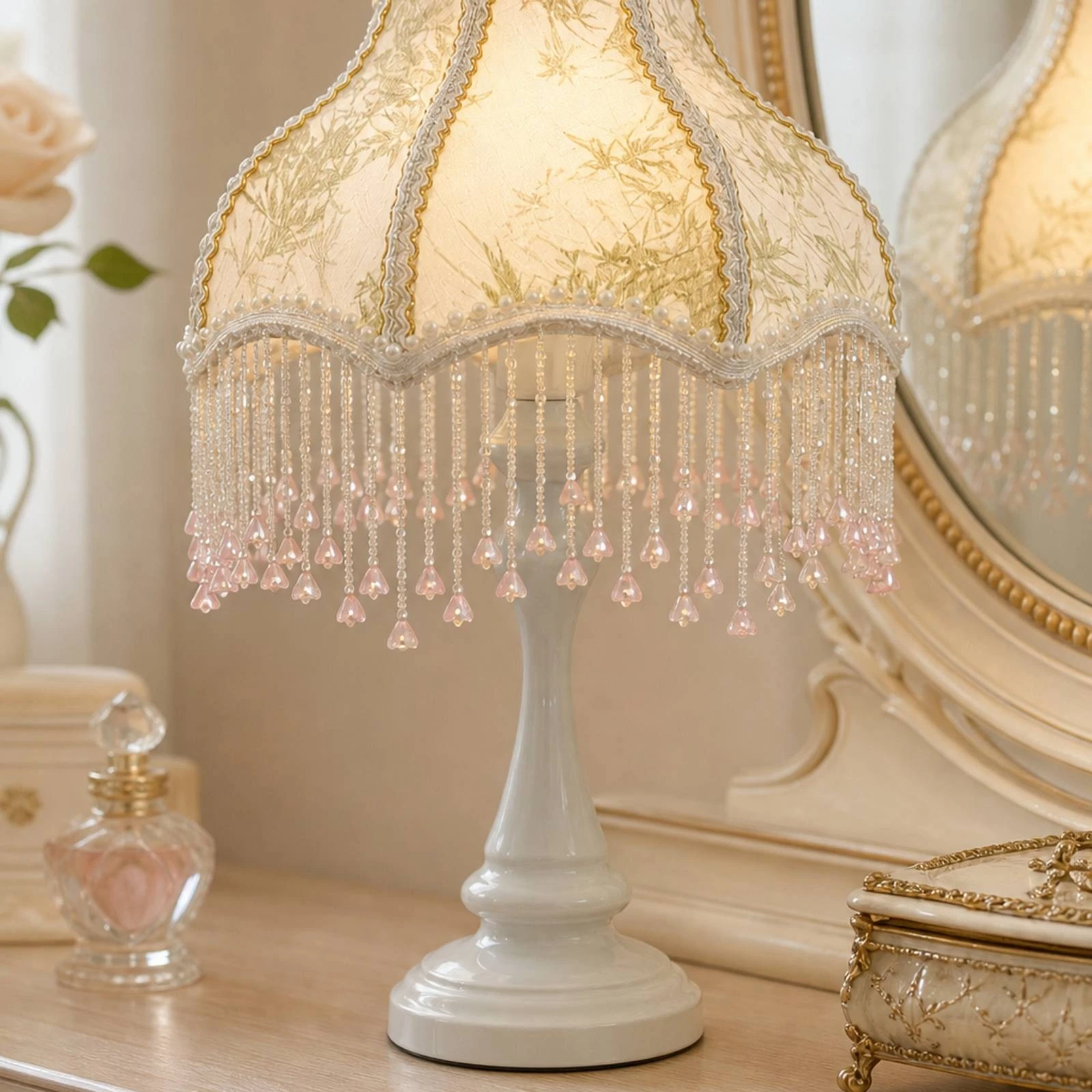 Lamp with Crystal Shade Dimmable Pedestal Lamp with Scalloped Shade Nightstand Light with USB Dimmer Beaded Elegant for Women