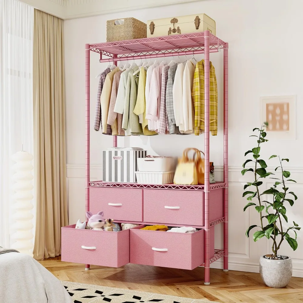 رف ملابس معدني محمول عالي التحمل مع أرفف و4 أدراج، مثالي لتعليق وتخزين الملابس باللون الوردي