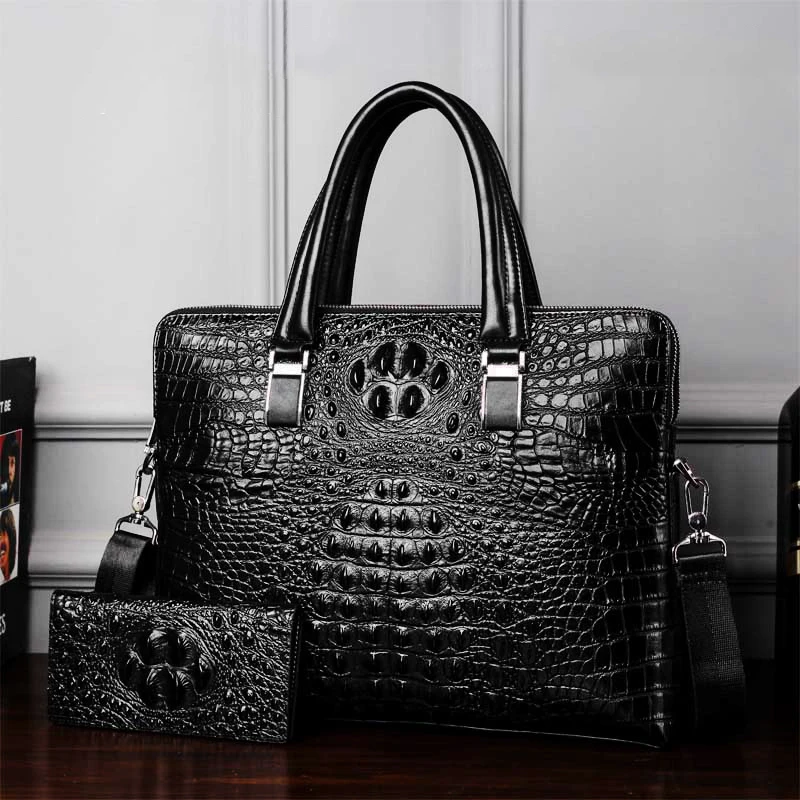 Genuine leather crocodile print briefcase men's Handbag One Shoulder bag double zipper suitcase head layer cowhide computer bag