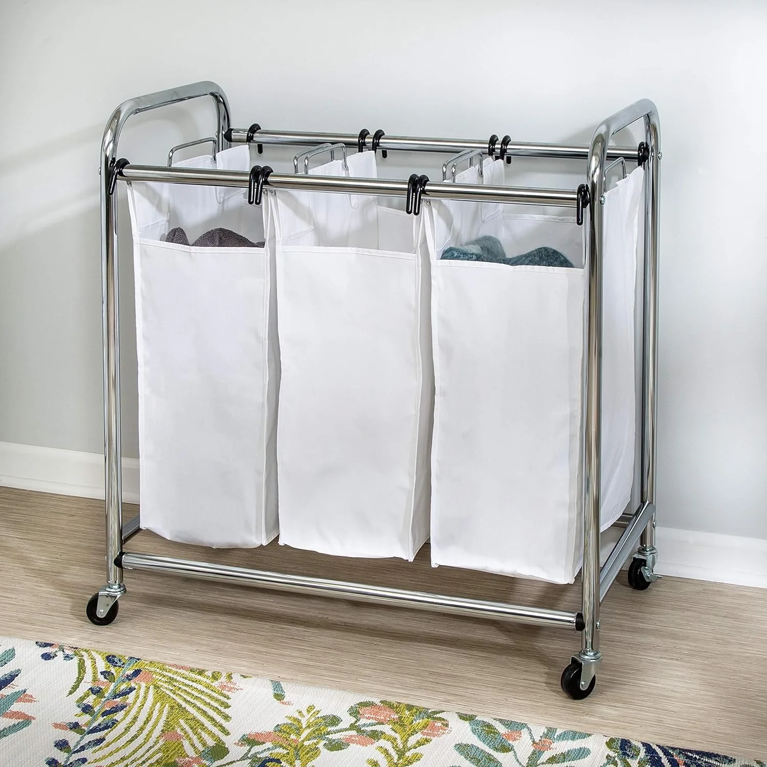 Honey-Can-Do SRT-01235 Heavy-Duty Triple Laundry Sorter, Chrome/White 70 lbs