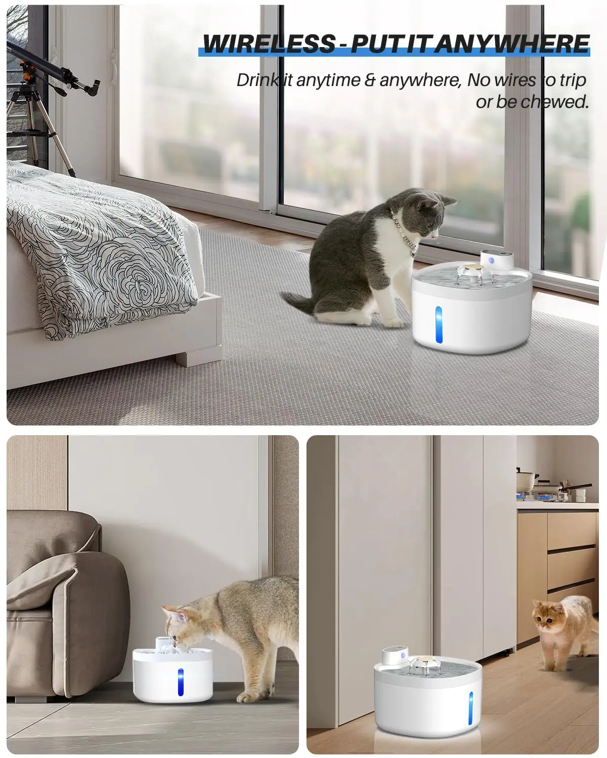 Ultra-silent USB rechargeable 88oz/2.6L wireless pet water dispenser filter with sensor for cats