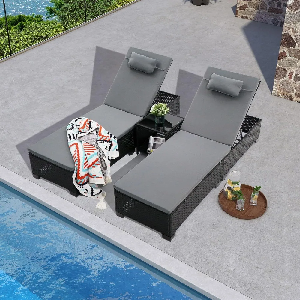 

3 PCS Patio Chaise Lounge with Coffee Table Cushion&Pillow Outdoor Lounge Chair Chaise Lounger Patio Reclining Chair 5 Angle Adj