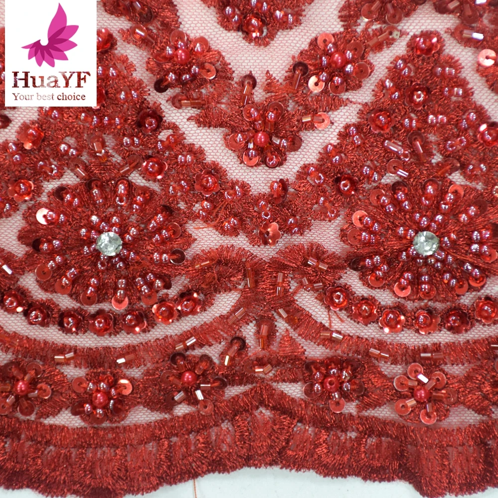 

1 Yard Gogerous HandWork Embroidery Heavy Beads Tulle Lace Red Net Pearls Fabric For Evening Dress Material HY1329