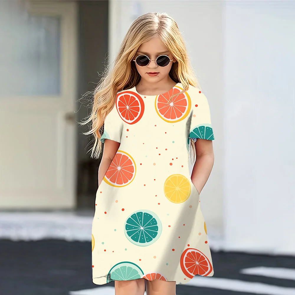 2024 Summer Dress Girls Cute New Hawaii Style 3D Printed Dresses Girls Party Short Sleeve Casual Princess Dress Girls Clothing