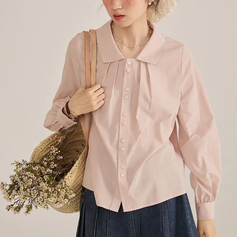 

Модная плиссированная рубашка для женщин, новинка весенне-летнего сезона, корейский повседневный топ с воротником в стиле ретро, однотонная футболка с длинными рукавами