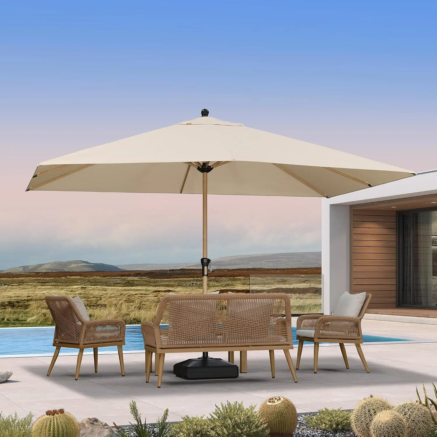 Patio Umbrella with Base 9' x 12' Wood-Grain Finish, Beige, Custom