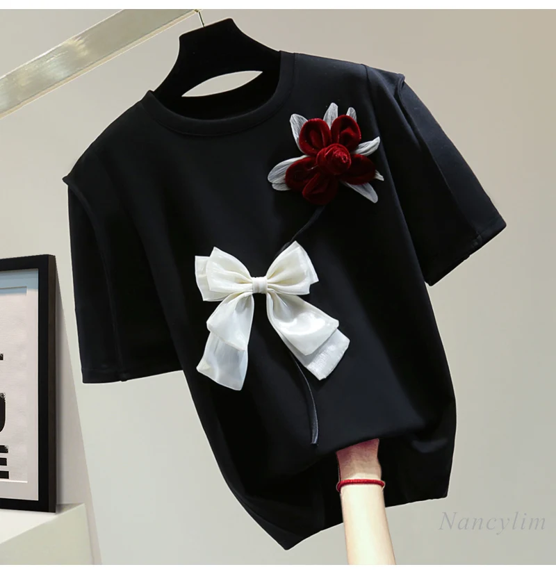 Women's Exquisite Flowers Straight Short-Sleeved T-shirt 2024 Spring and Summer Korean Style Slimming Bow Crew Neck Stretch Top