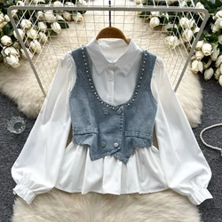 Autumn New Sweet Casual Long Sleeved Shirt+Beaded Diamond Vest Layered Denim Vest White Single Breasted Blouse