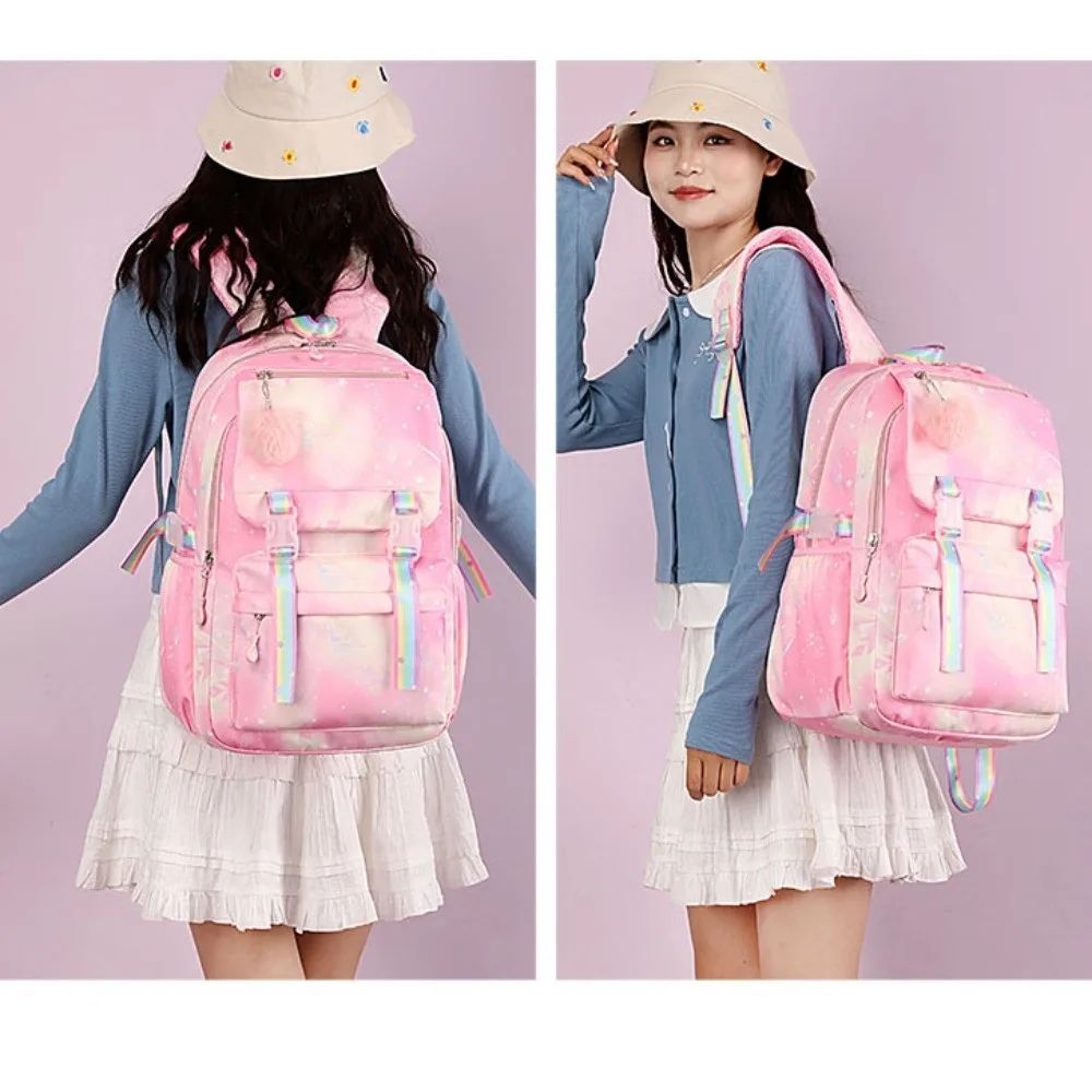 Multicolor Nylon Backpack Lightweight Large Capacity Students School Bag with Pendant Korean Style School Backpack