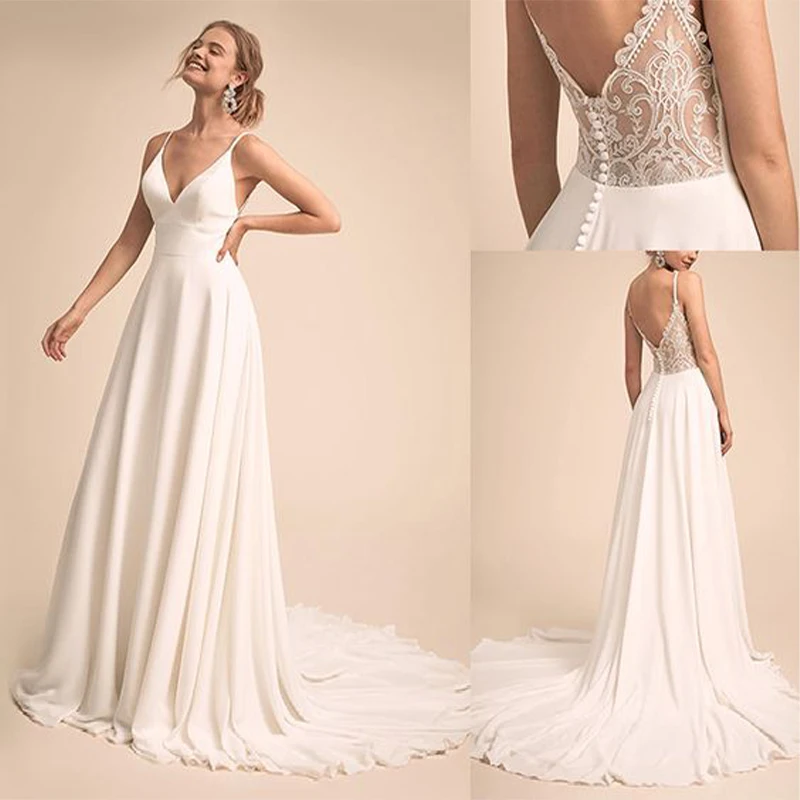 Bezauberndes Brautkleid mit V-Ausschnitt und Spitzenrücken, Brautkleid „Vestido De Festa De Casamento“.