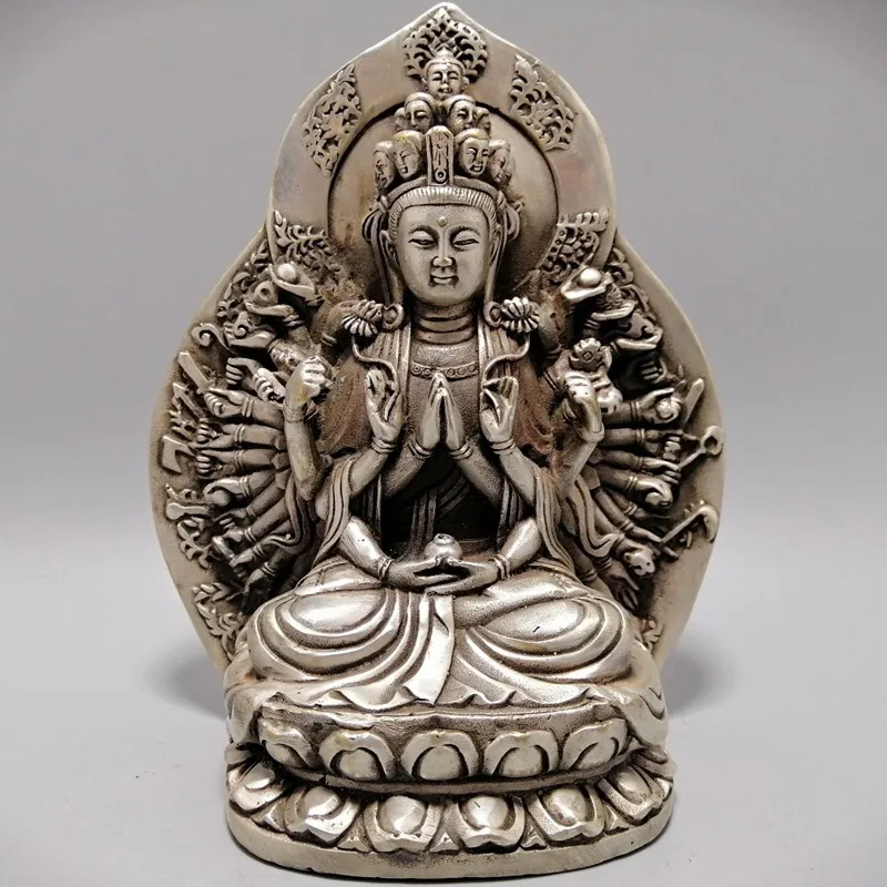 

Chinese White Copper brass sit lotus thousand hand Guanyin Buddha Home Decor crafts statue