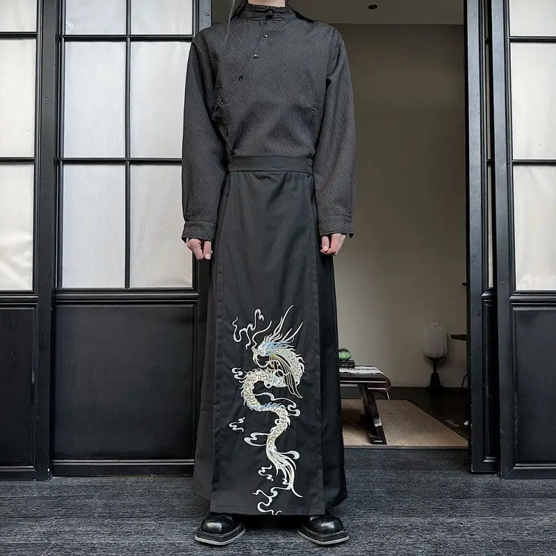 Heavy Industry Black Dragon Embroidery Hanfu Horse Face Skirt Men's Retro Samurai Cosplay Costume Chinese Carnival Clothes